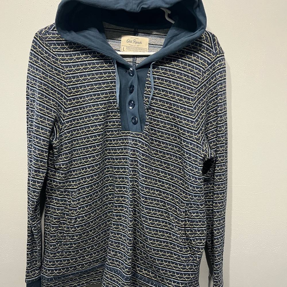 Old Ranch blue & yellow striped hoodie with button-up front and hood. Size: L